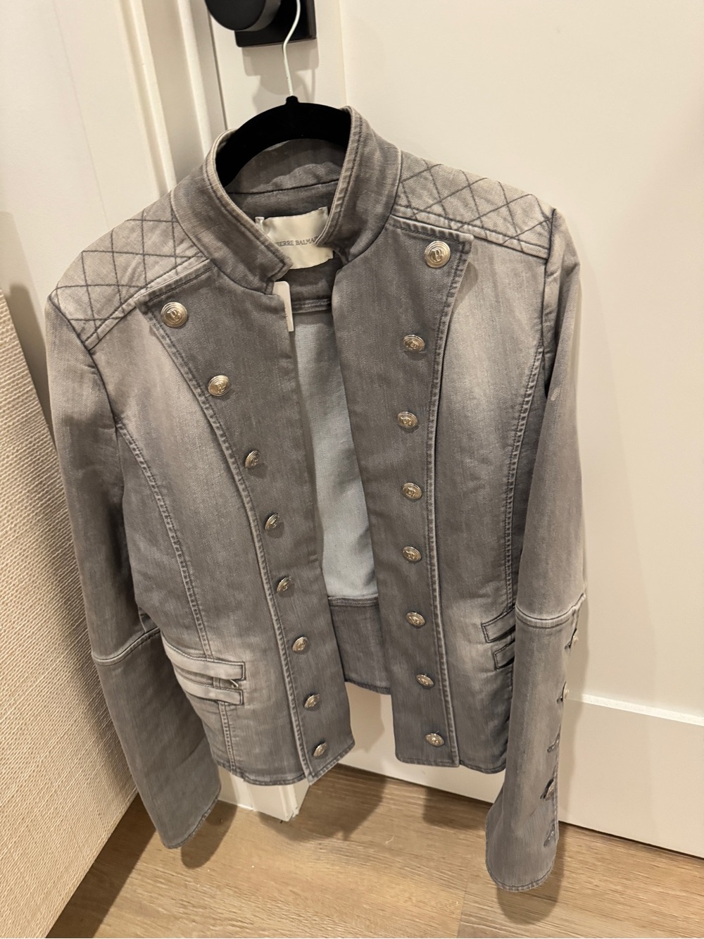 Pierre Balmain Gray denim Quilted Military-Style napoleon Jacket